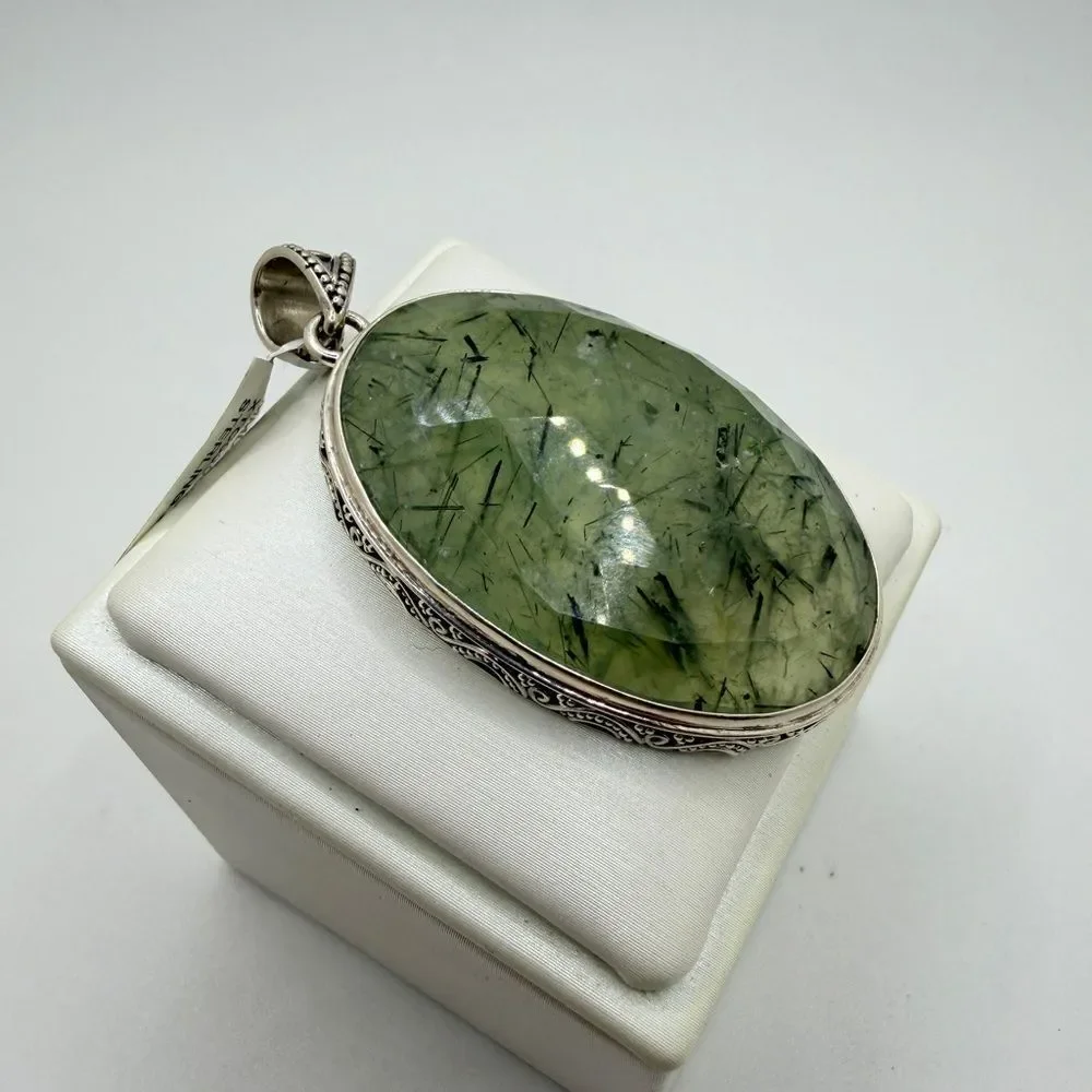 NWT 27x41mm MONSTER faceted/checkerboard‎ PREHNITE pendant in BALI 925!